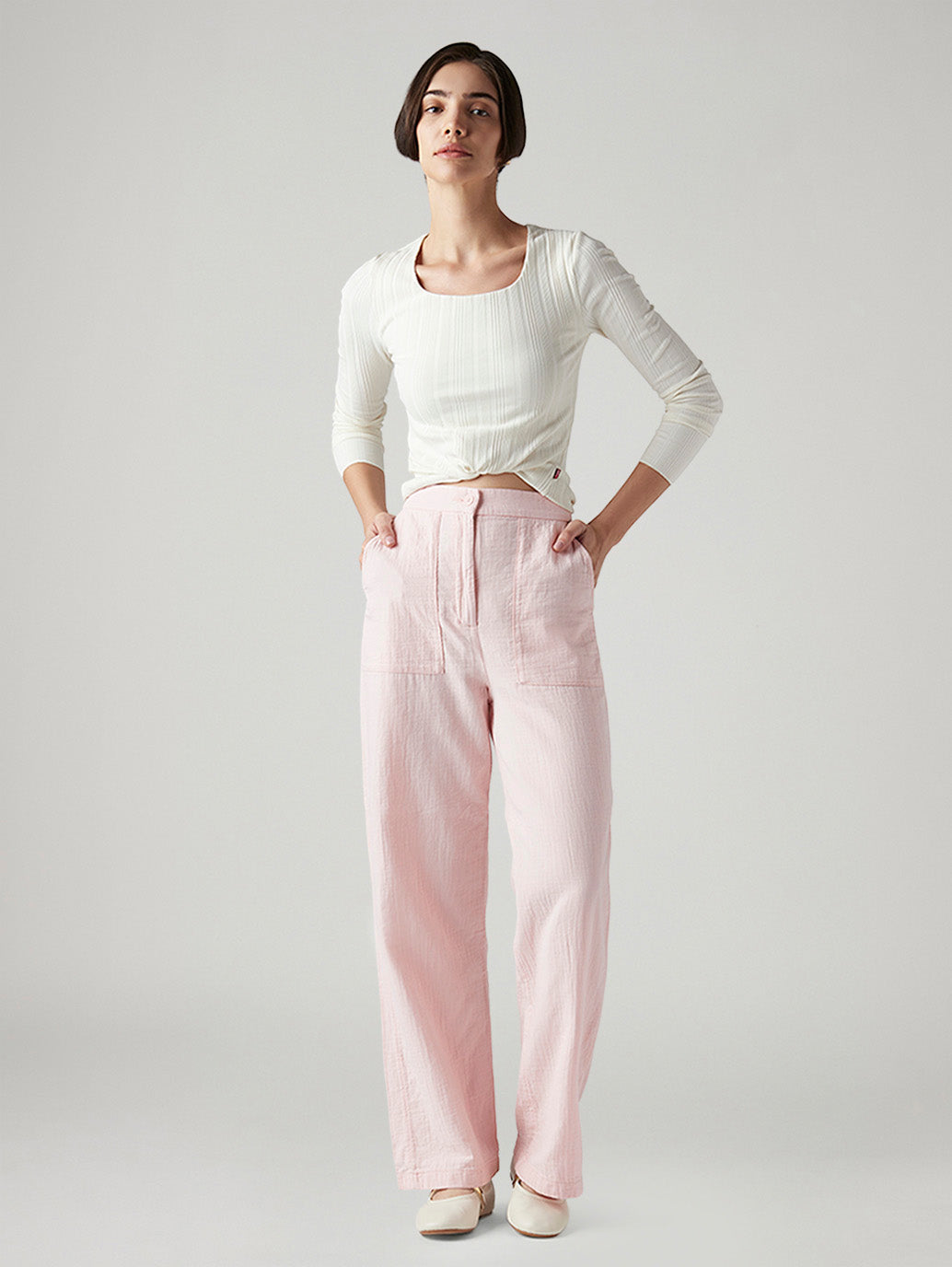 Women's Light Pink Loose Fit High Rise Cargos - Styleshot View