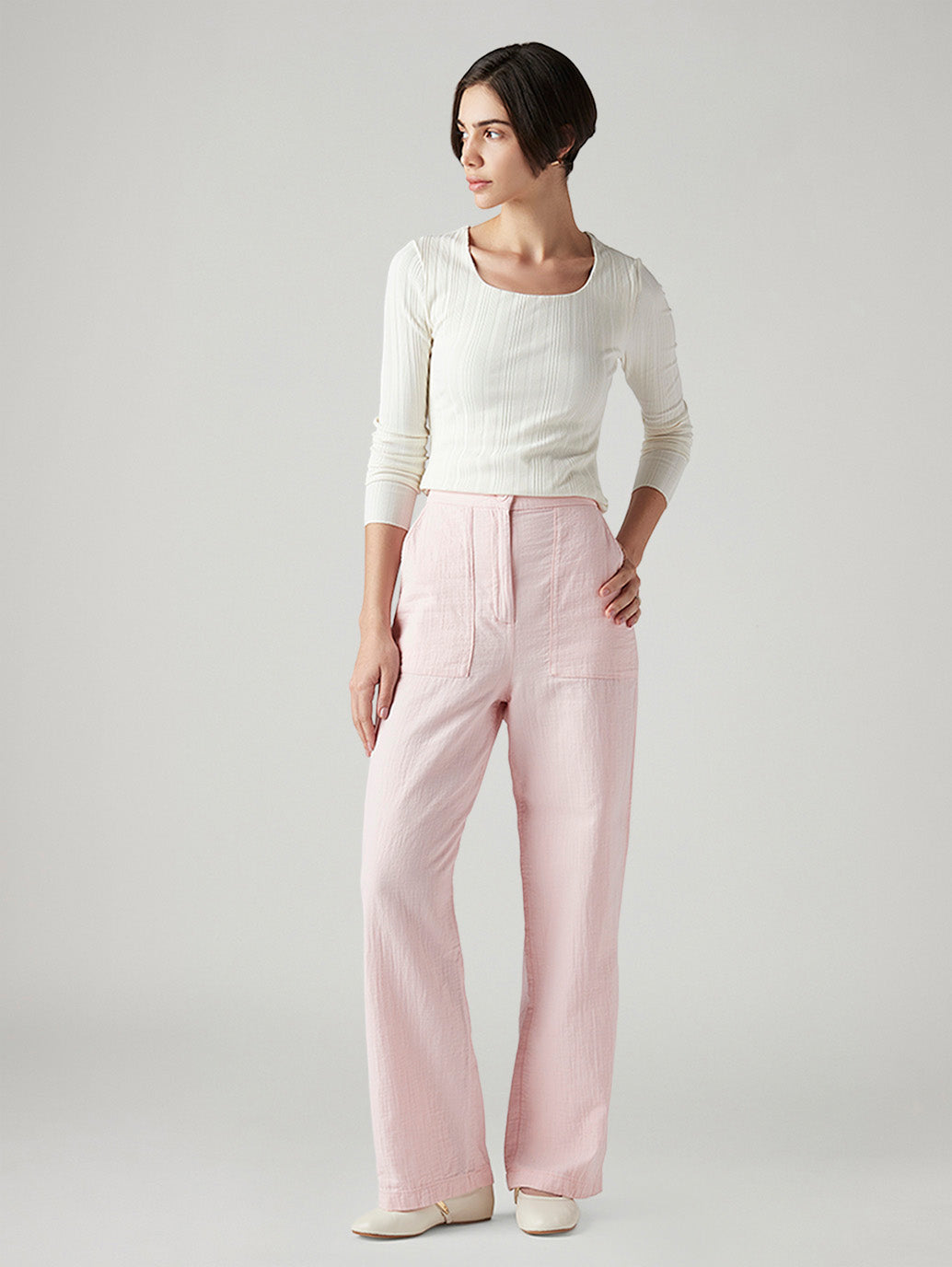 Women's Light Pink Loose Fit High Rise Cargos - Front View