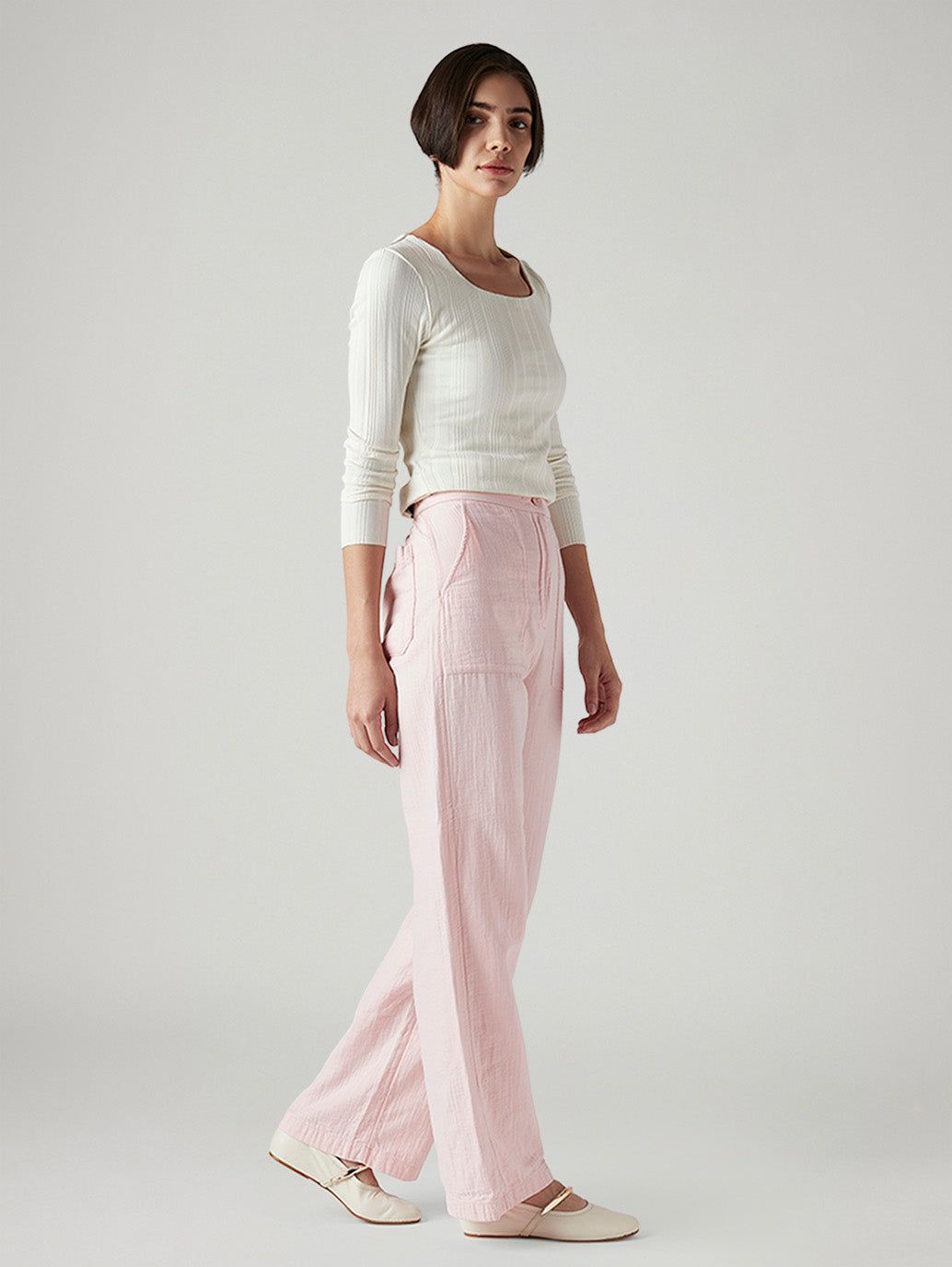 Women's Light Pink Loose Fit High Rise Cargos - Side View