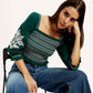 Women's Embroidered Green Square Neck Top - Elevated View