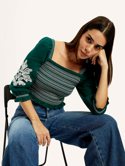 Women's Embroidered Green Square Neck Top