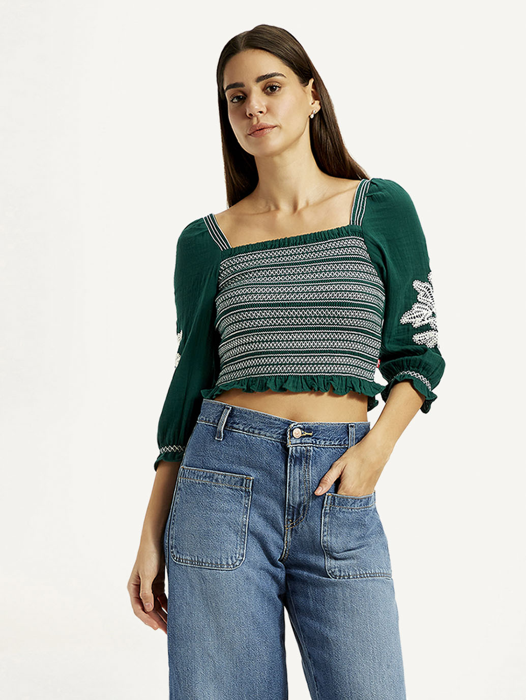 Women's Embroidered Green Square Neck Top - Styleshot View