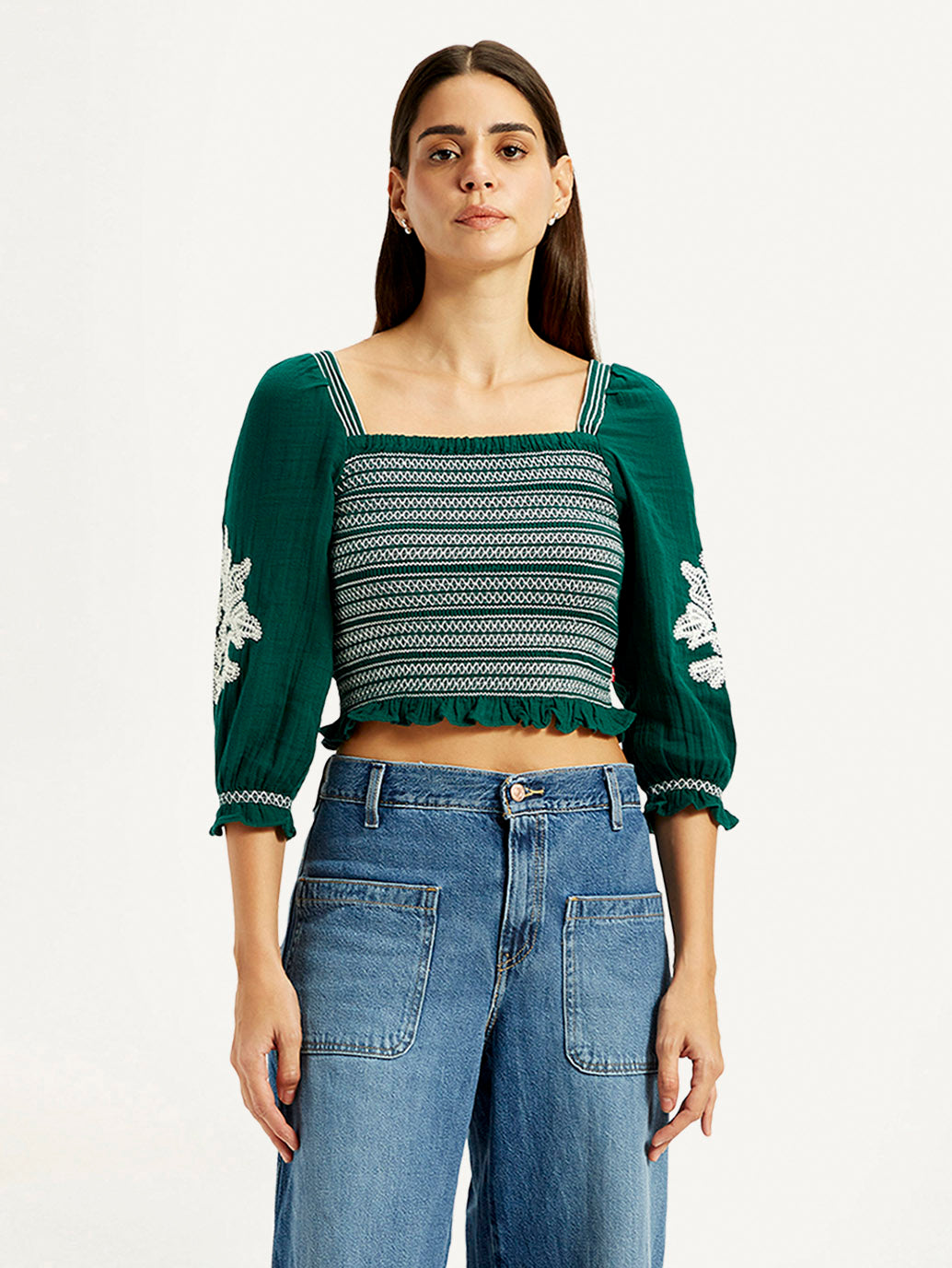 Women's Embroidered Green Square Neck Top - Front View
