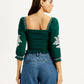 Women's Embroidered Green Square Neck Top - Back View