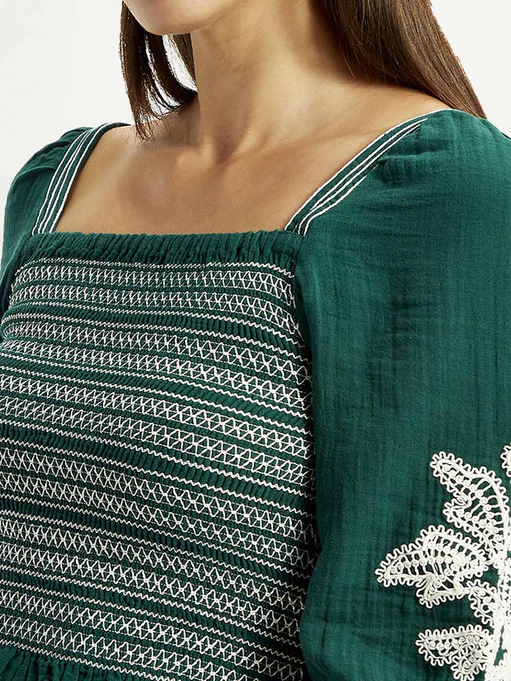 Women's Embroidered Green Square Neck Top - Detail View