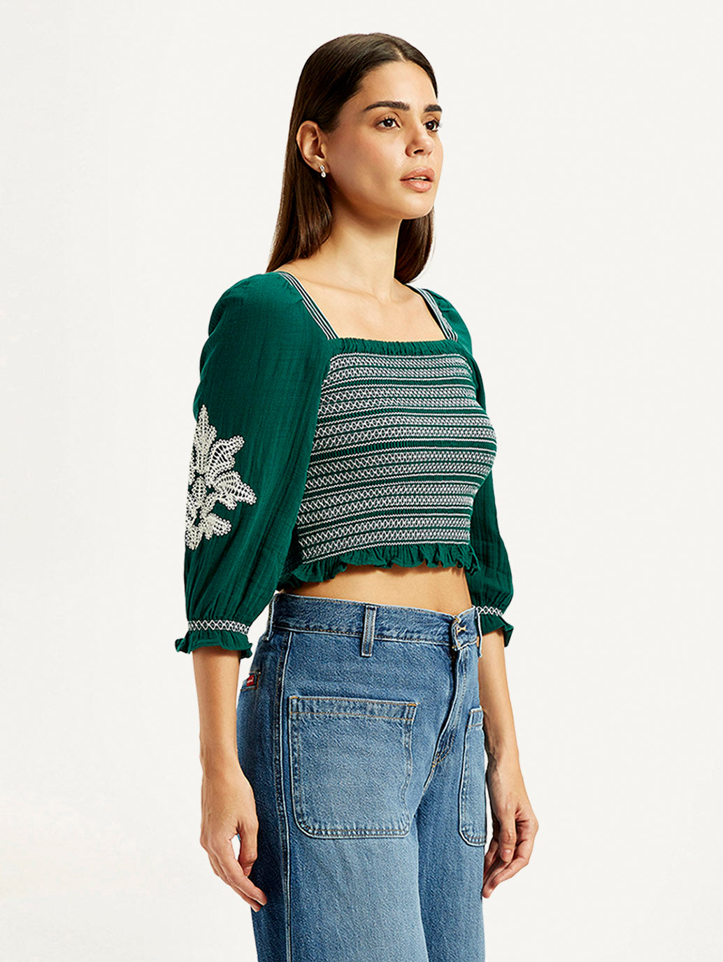Women's Embroidered Green Square Neck Top - Side View