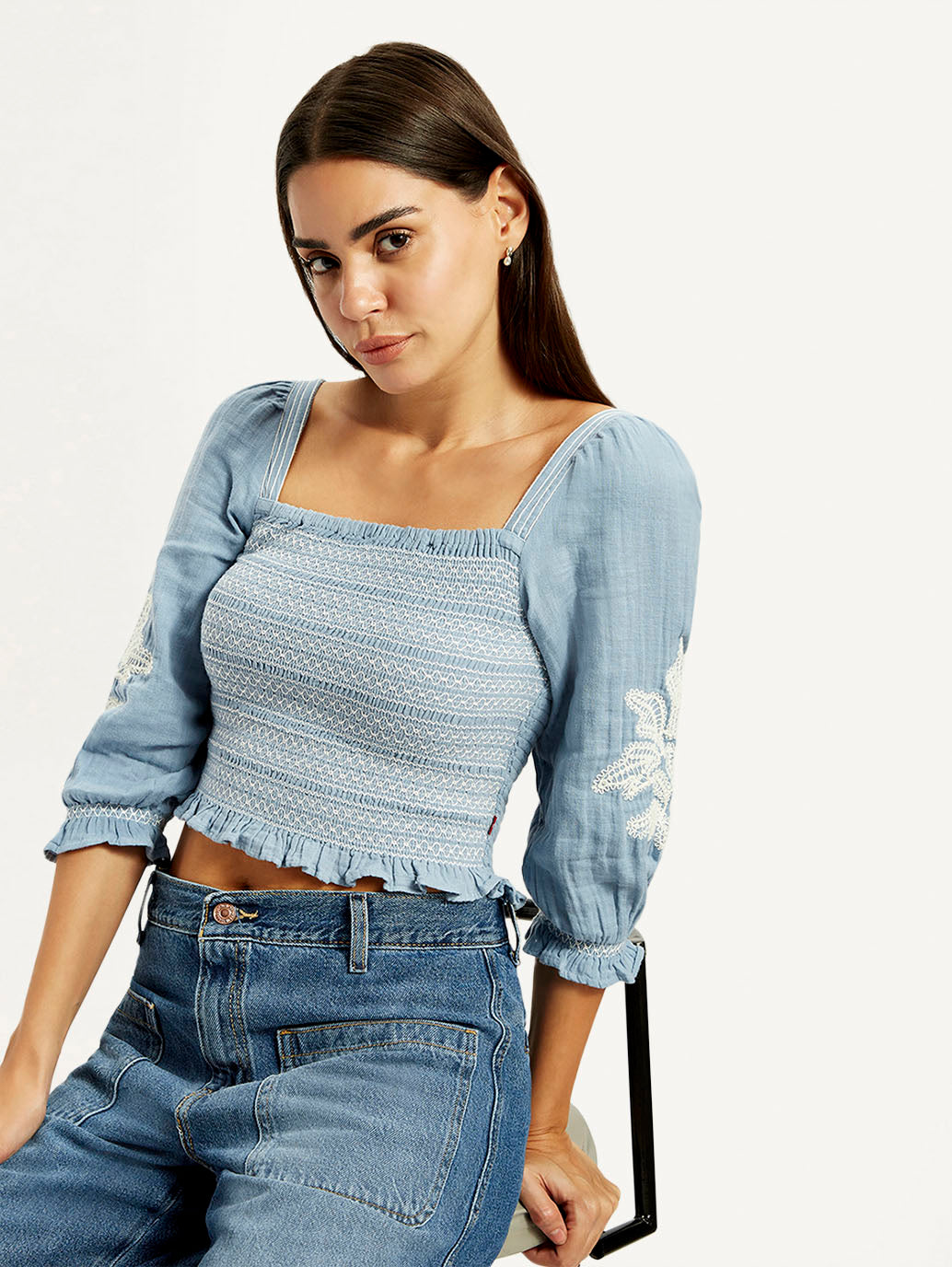 Women's Embroidered Light Blue Square Neck Top