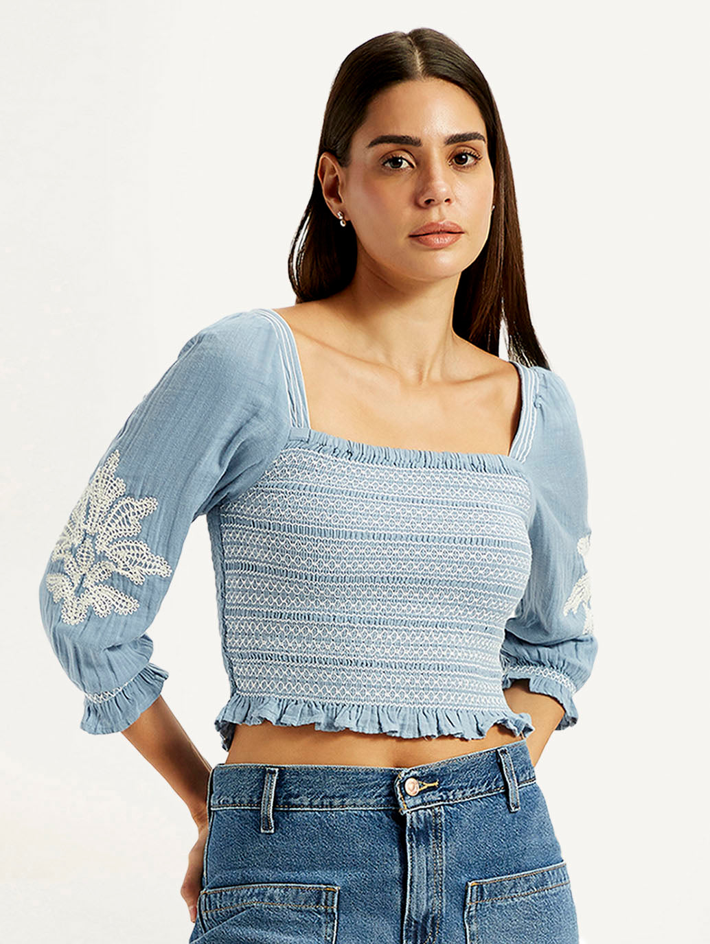 Women's Embroidered Light Blue Square Neck Top - Styleshot View