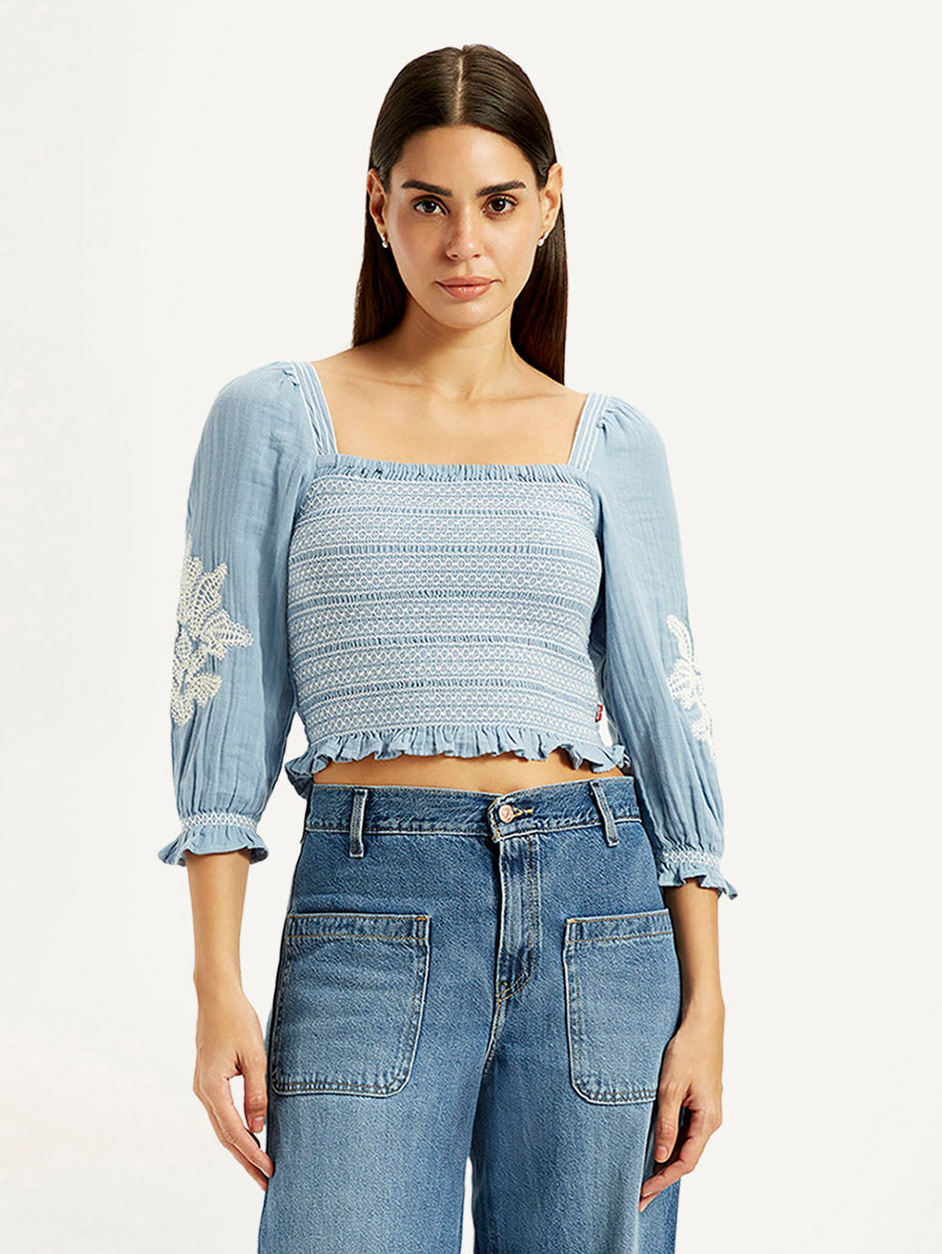 Women's Embroidered Light Blue Square Neck Top - Front View