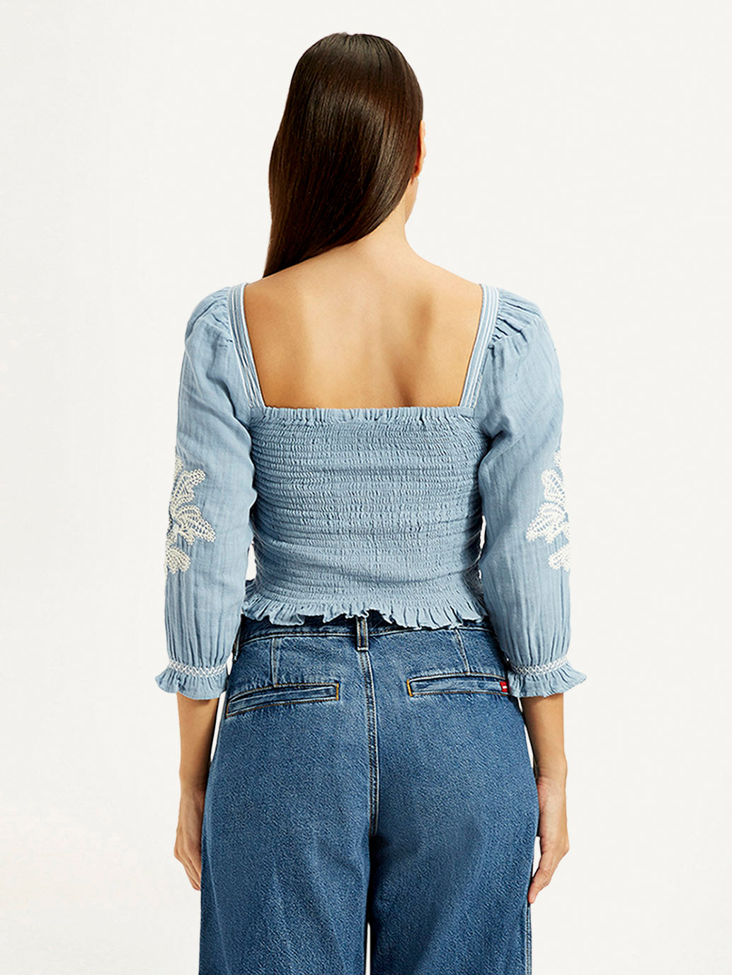 Women's Embroidered Light Blue Square Neck Top - Back View