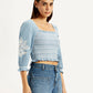 Women's Embroidered Light Blue Square Neck Top - Side View