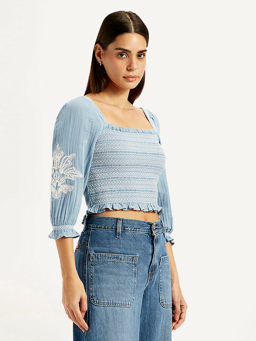 Women's Embroidered Light Blue Square Neck Top - Side View