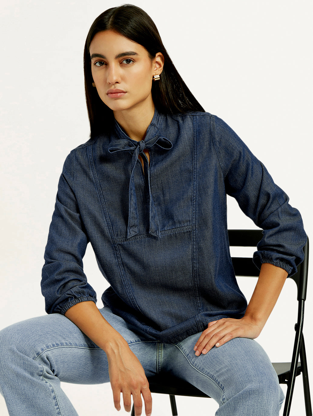 Women's Solid Blue Tie-Neck Top - Elevated View