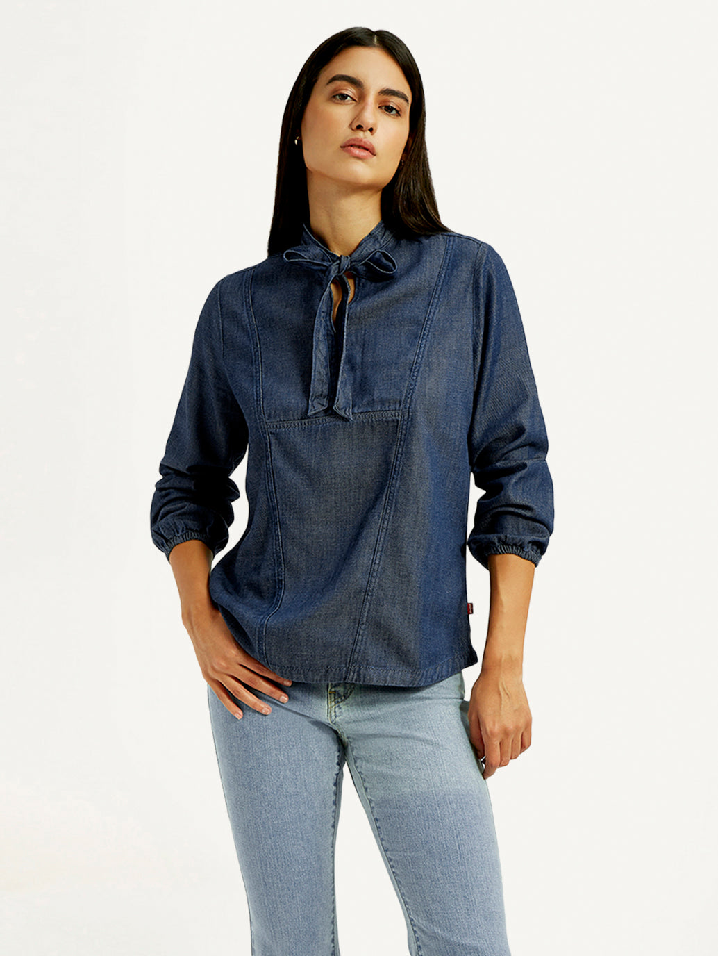 Women's Solid Blue Tie-Neck Top - Styleshot View