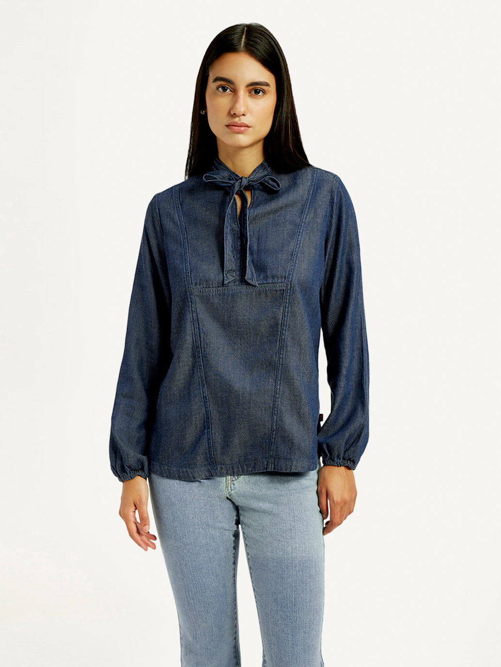 Women's Solid Blue Tie-Neck Top - Front View