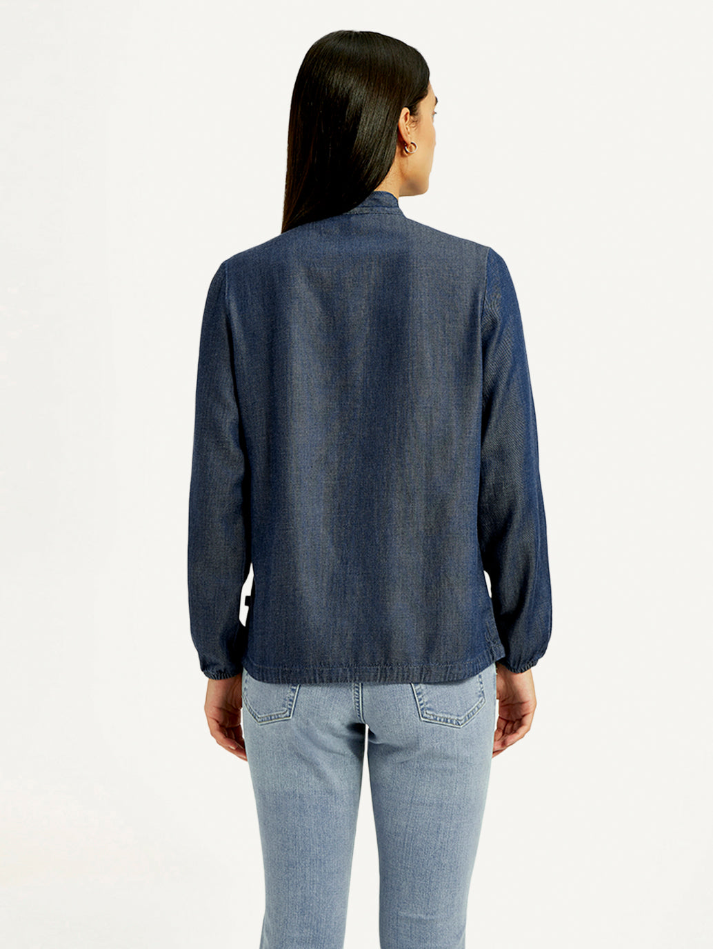 Women's Solid Blue Tie-Neck Top - Back View
