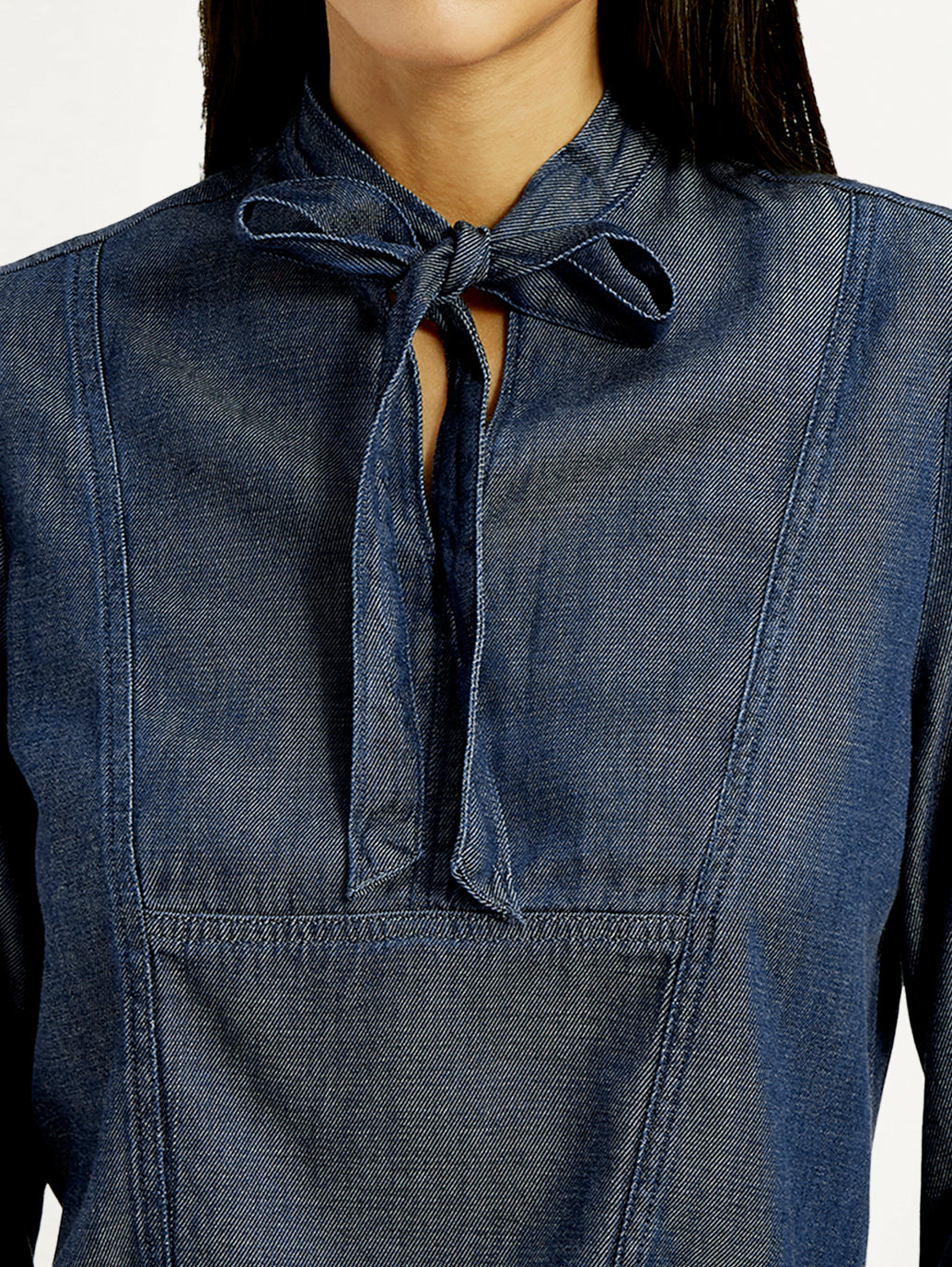 Women's Solid Blue Tie-Neck Top - Detail View