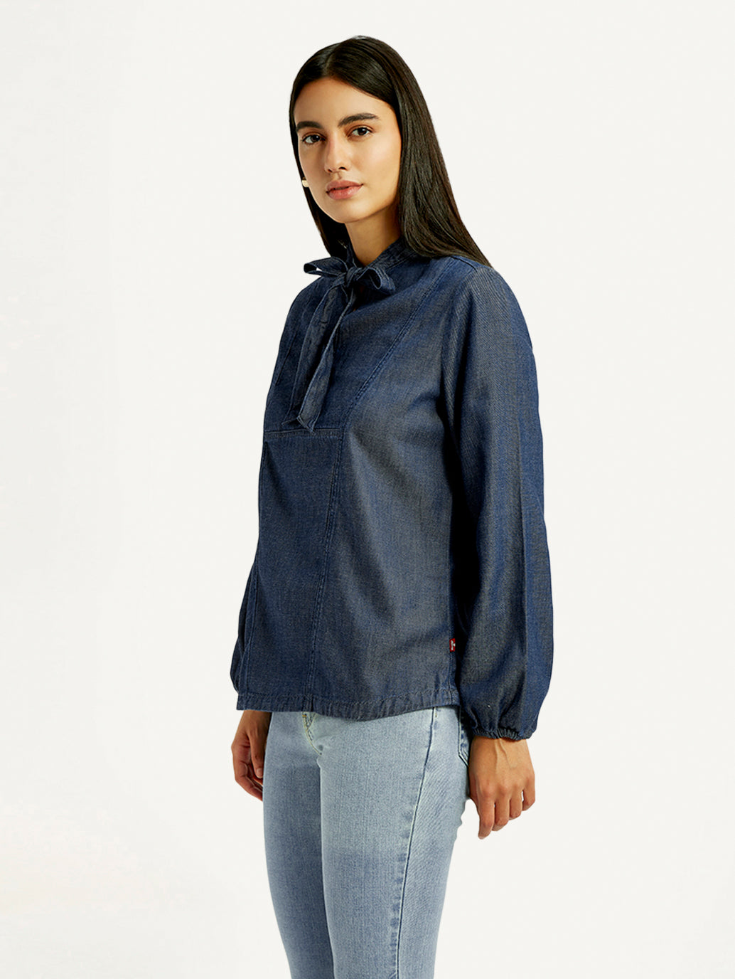 Women's Solid Blue Tie-Neck Top - Side View
