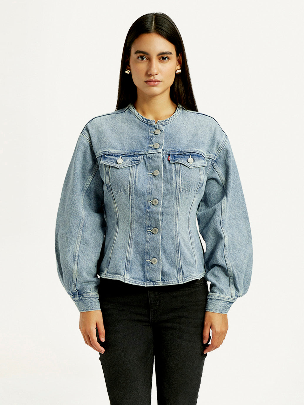 Women's Solid Blue Denim Jacket - Front View
