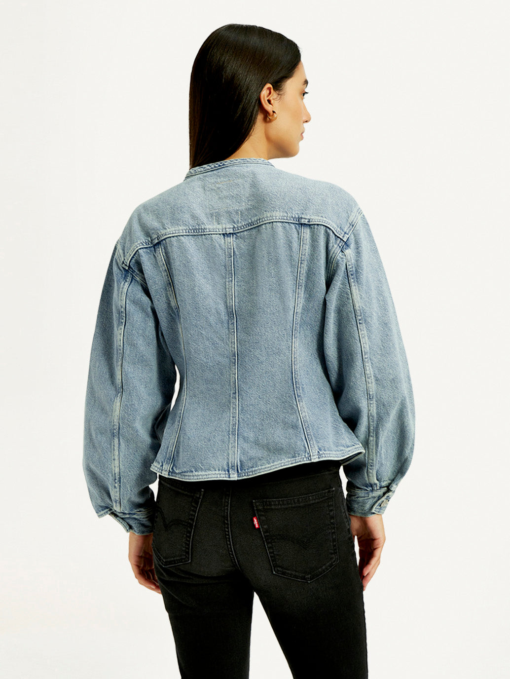 Women's Solid Blue Denim Jacket - Back View