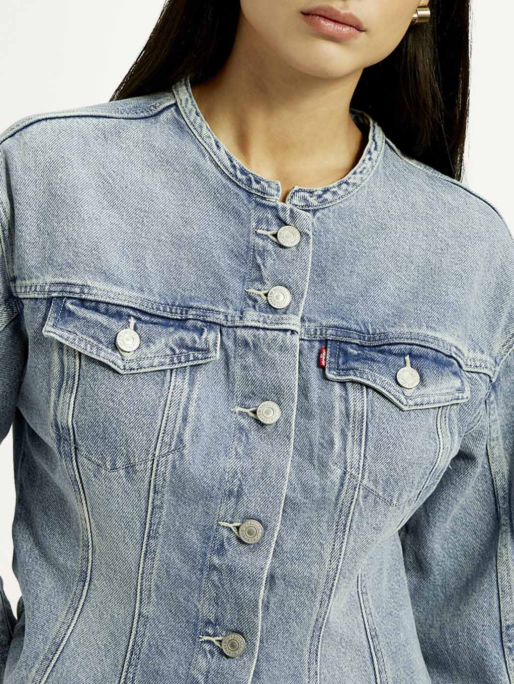 Women's Solid Blue Denim Jacket - Detail View
