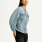 Women's Solid Blue Denim Jacket - Side View