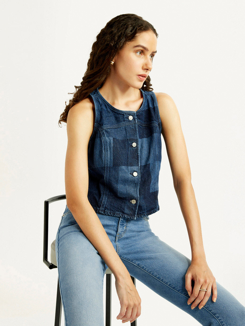 Women's Plaid Dark Blue Round Neck Top