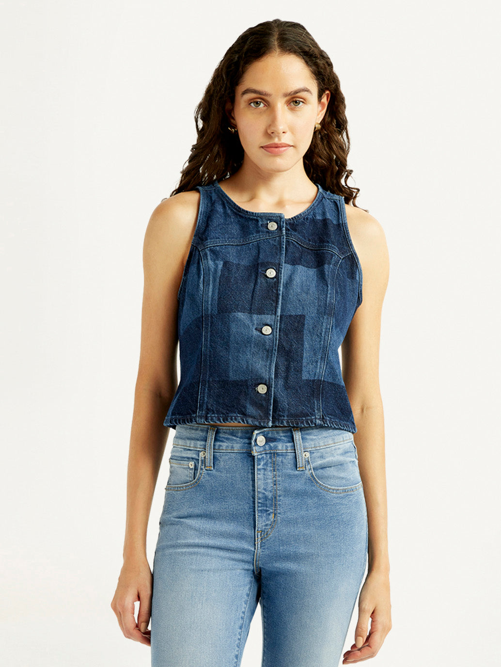 Women's Plaid Dark Blue Round Neck Top - Front View