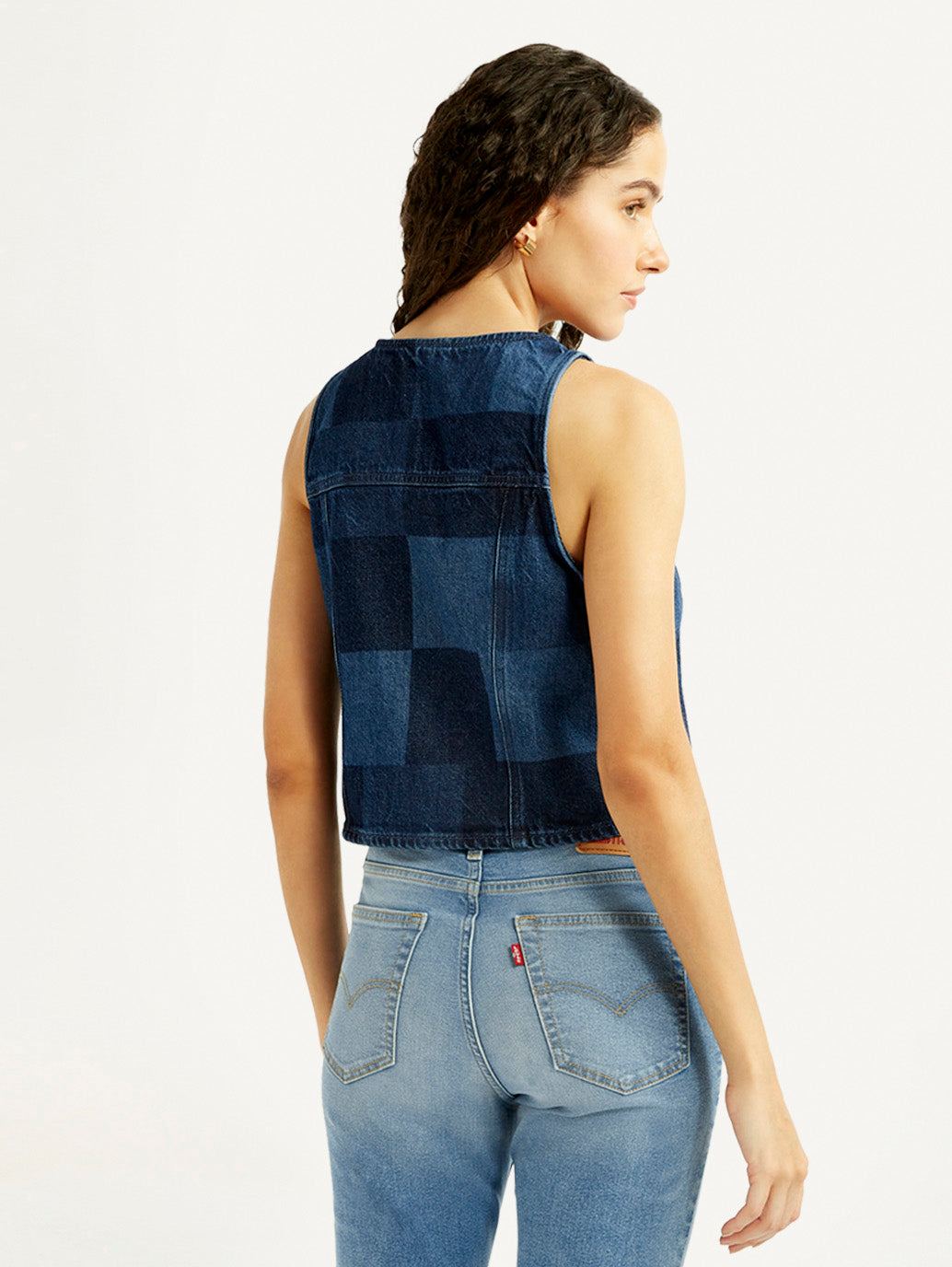 Women's Plaid Dark Blue Round Neck Top - Back View