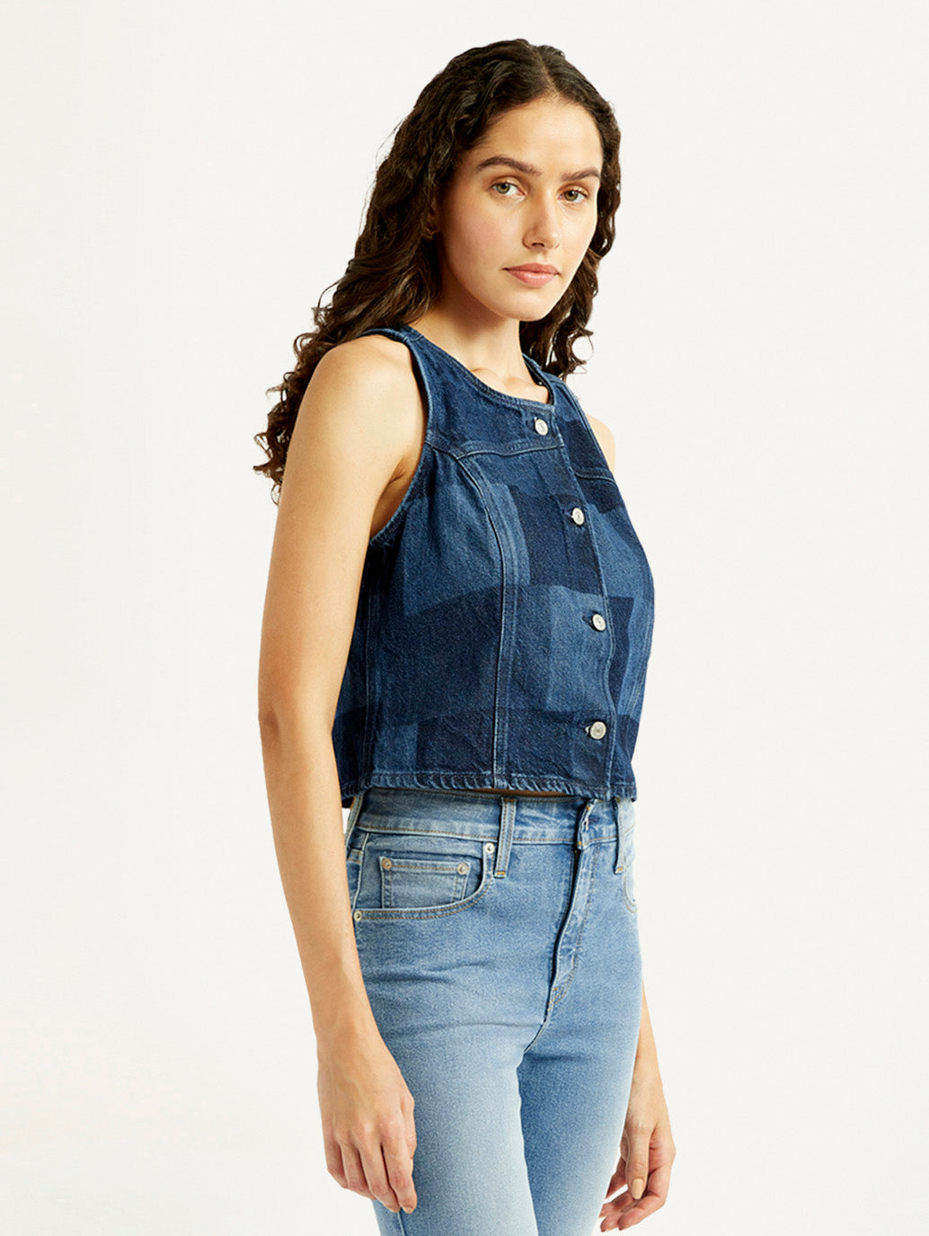 Women's Plaid Dark Blue Round Neck Top - Side View