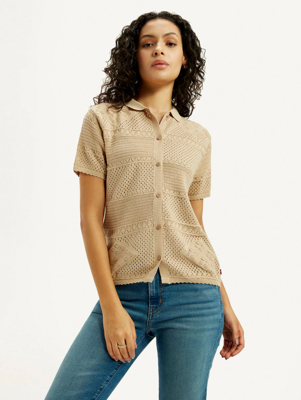 Women's Self Design Beige Spread Collar Shirt - Elevated View