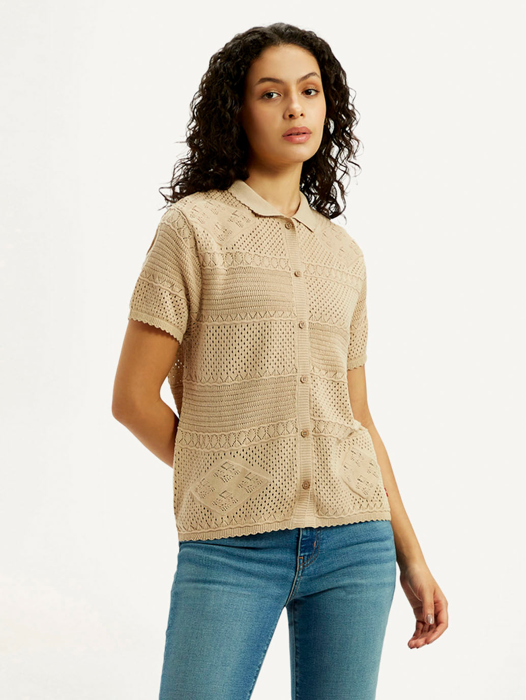 Women's Self Design Beige Spread Collar Shirt - Styleshot View
