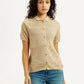 Women's Self Design Beige Spread Collar Shirt - Front View
