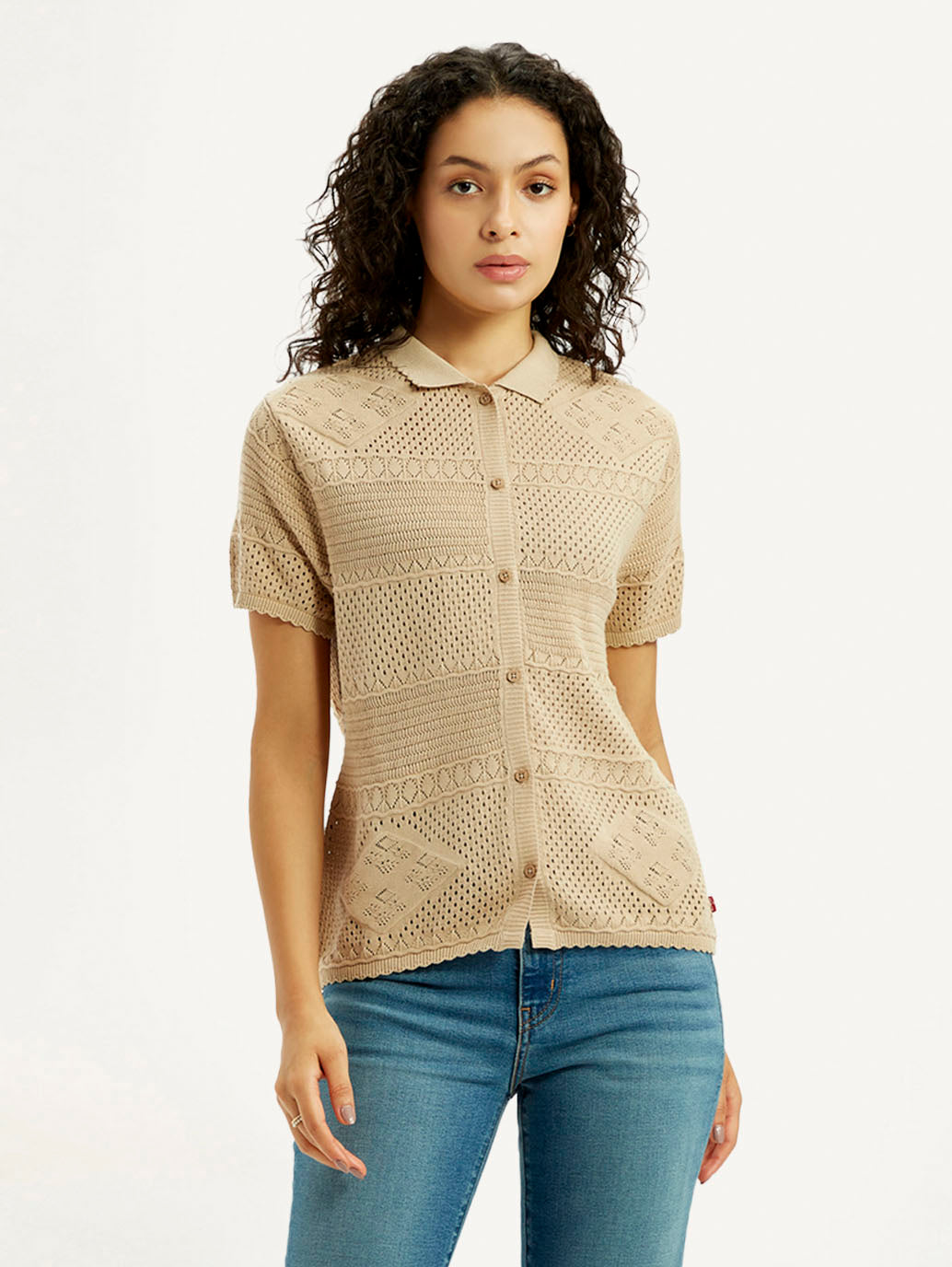 Women's Self Design Beige Spread Collar Shirt - Front View
