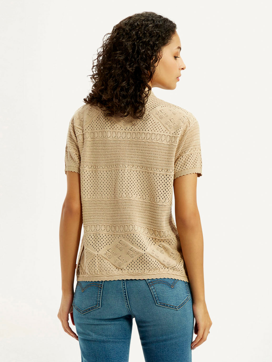 Women's Self Design Beige Spread Collar Shirt - Back View
