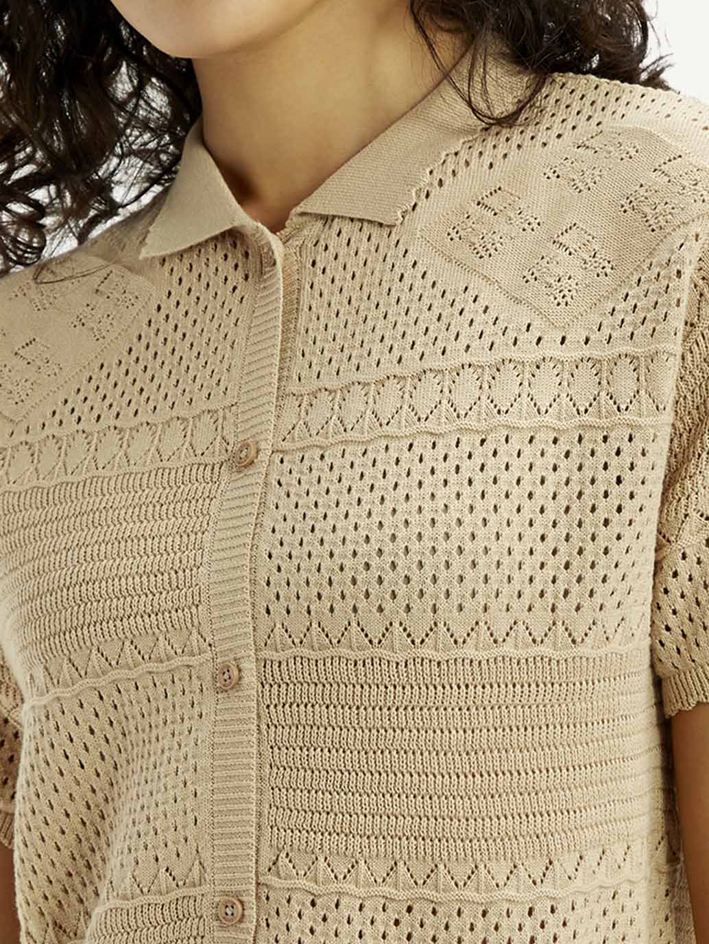 Women's Self Design Beige Spread Collar Shirt - Detail View