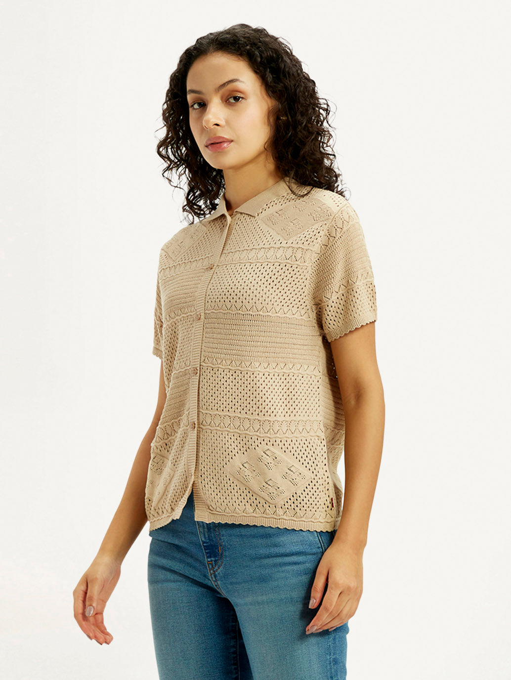 Women's Self Design Beige Spread Collar Shirt - Side View