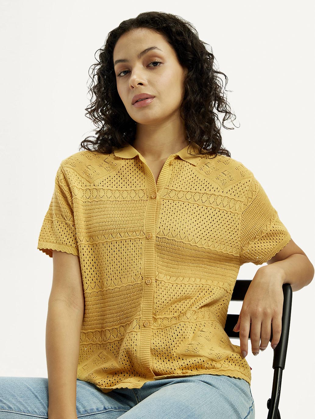 Women's Self Design Yellow Spread Collar Shirt - Elevated View