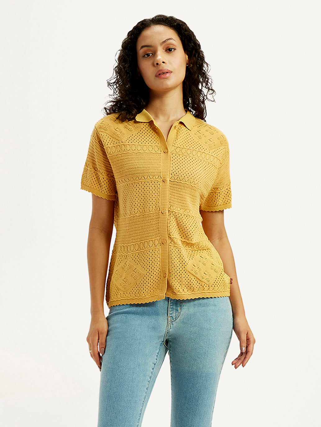 Women's Self Design Yellow Spread Collar Shirt - Styleshot View