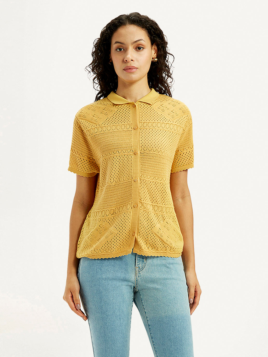 Women's Self Design Yellow Spread Collar Shirt - Front View