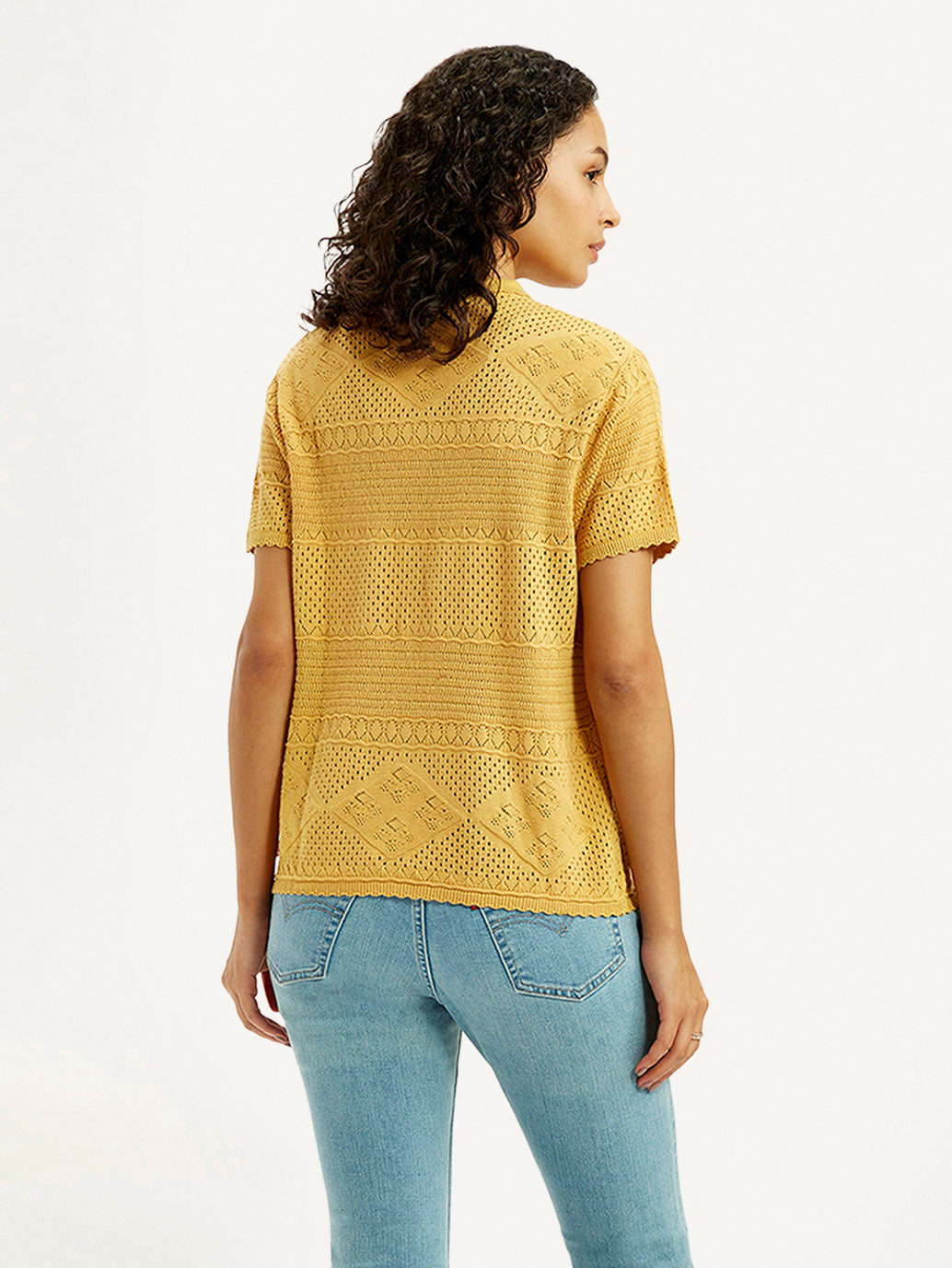 Women's Self Design Yellow Spread Collar Shirt - back View