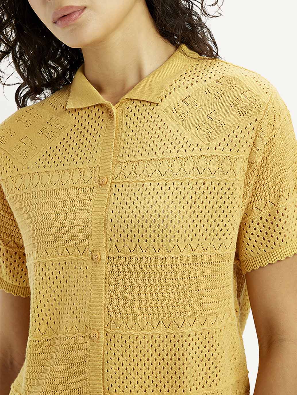 Women's Self Design Yellow Spread Collar Shirt - Detail View