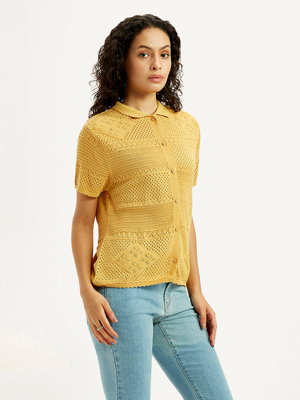 Women's Self Design Yellow Spread Collar Shirt - Side View