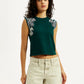 Women's Embroidered Dark Green Round Neck Top - Styleshot View
