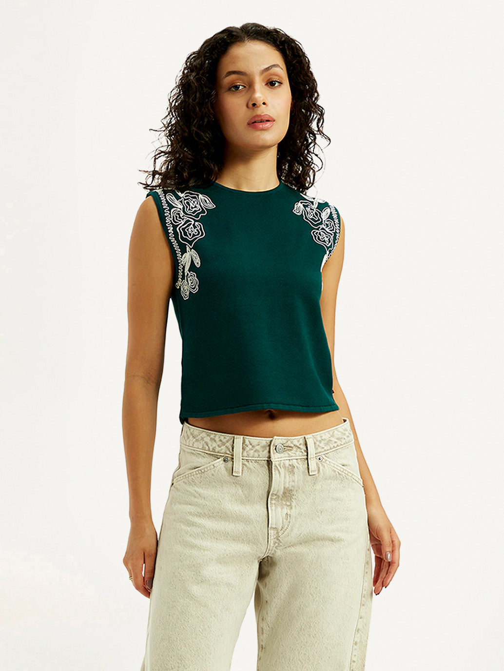 Women's Embroidered Dark Green Round Neck Top - Styleshot View