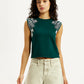Women's Embroidered Dark Green Round Neck Top - Front View