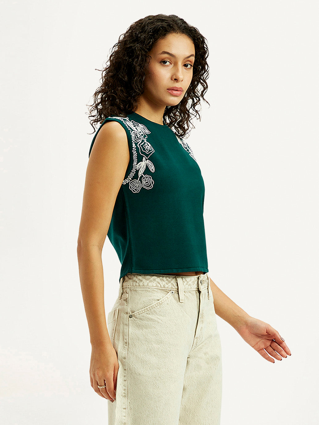 Women's Embroidered Dark Green Round Neck Top - Side View