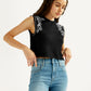 Women's Embroidered Black Crew Neck Top - Elevated View