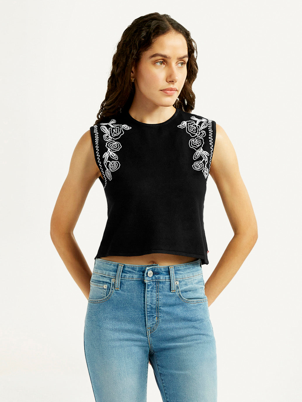 Women's Embroidered Black Crew Neck Top - Styleshot View