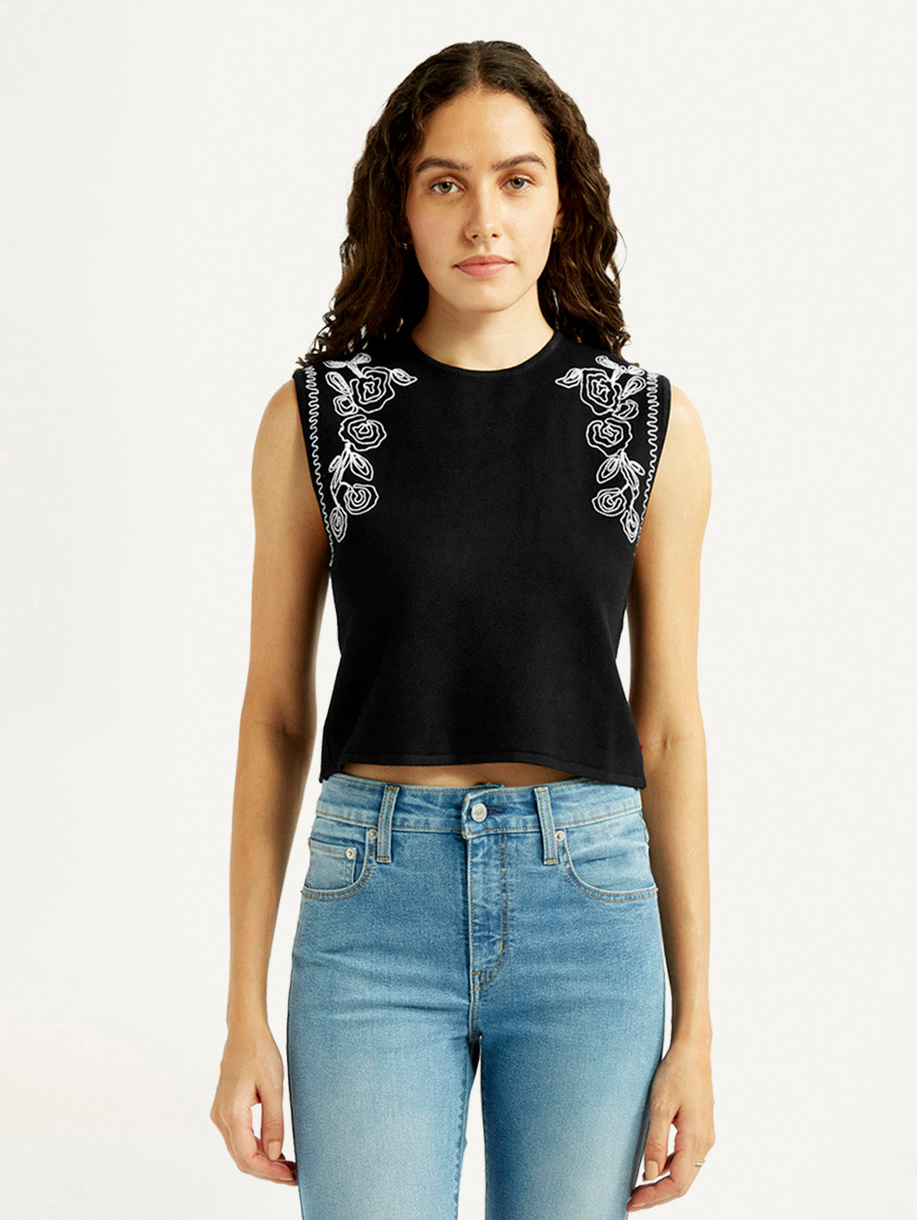 Women's Embroidered Black Crew Neck Top - Front View